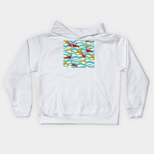 RED YELLOW FLYING CRANES ON WHITE BLUE SEA WAVES Kids Hoodie